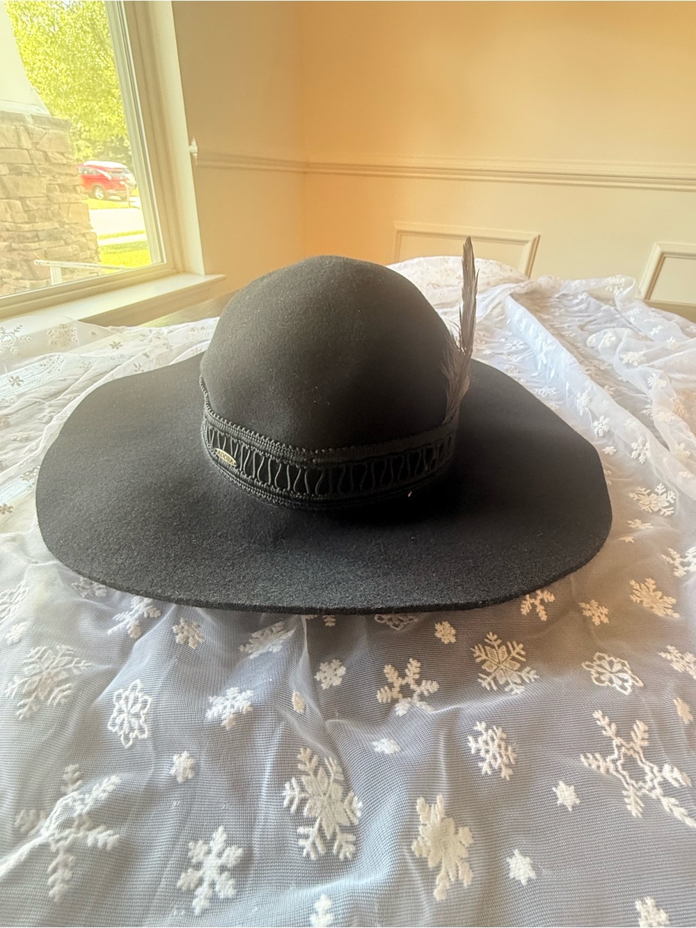 Adora Black Wide Brim Wool Felt Hat Feather Accent Boho Western